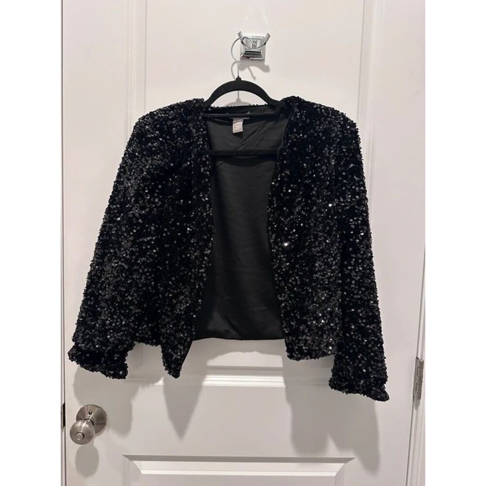 H&M Black Sequin Crop Blazer Jacket with Shoulder Pads - Size M